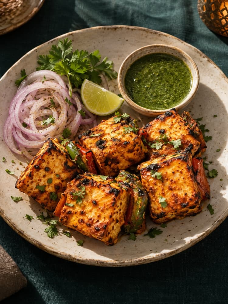 Paneer tikka with mint chutney, fresh coriander and lime
